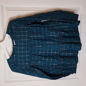 Cat & Jack Long Sleeve Dark Teal & Gold Checked Tiered Top Ruffled Hem L (10/12)